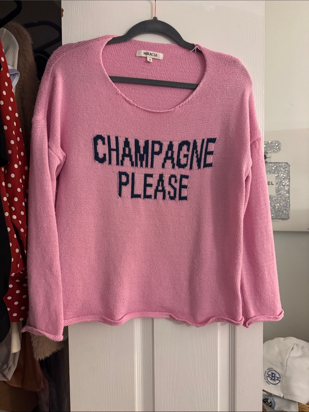 Miracle Pink Knit Sweater with Navy 'CHAMPAGNE PLEASE' Text